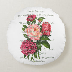 Vintage Peony-Blume und romantisches Byron-Gedicht Rundes Kissen