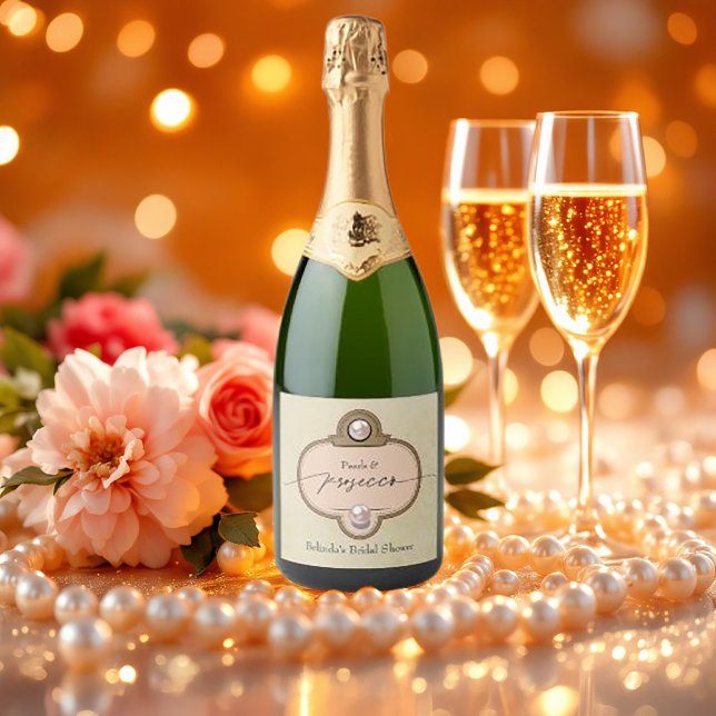 Vintage Perlen und Prosecco-Brautparty (Vintage Chic Pearls and Prosecco Bridal Shower Sparkling Wine Label)
