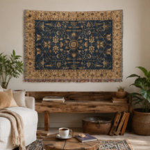 Vintage Persian Floral Rug – Navy Blue & Gold Boho