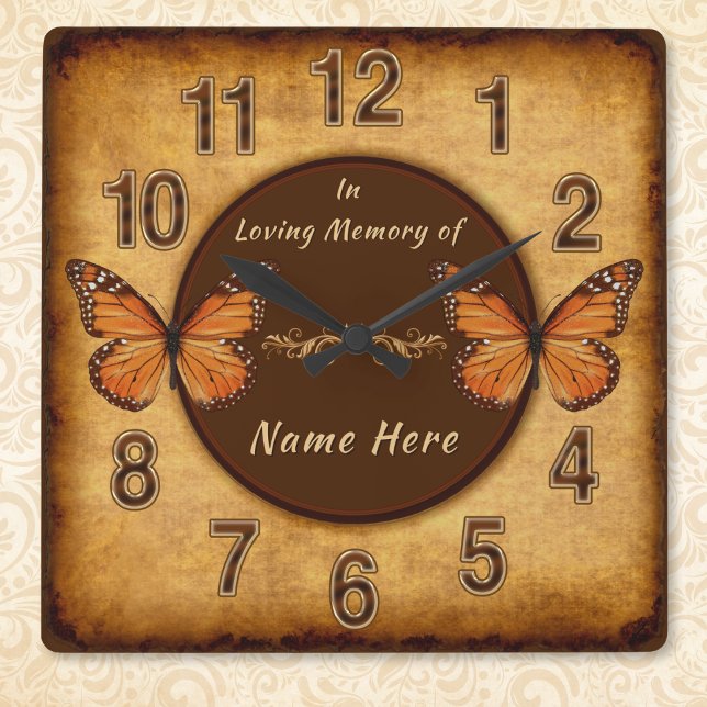 Vintage Personalisierte Geschenke für das liebende Quadratische Wanduhr (Personalized, Butterfly memorial gifts. Monarch butterfly memorial gifts. Butterfly wall clock. )