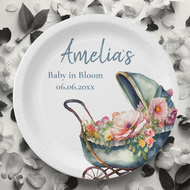 Vintage Personalisierte Kinderdusche Pappteller (it's a boy! Baby in bloom baby shower plates. Personalized for your dream celebration)