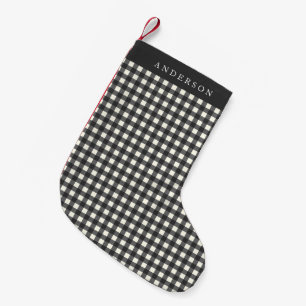Vintage personalisiertes Gingham-Karo Schwarz-Weiß Kleiner Weihnachtsstrumpf