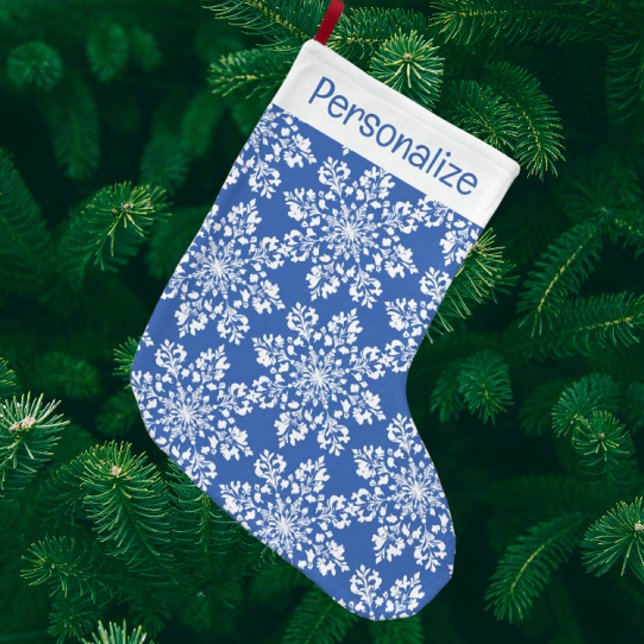Vintage Personalized Blue White Snowflakes Großer Weihnachtsstrumpf (Personalize it!)