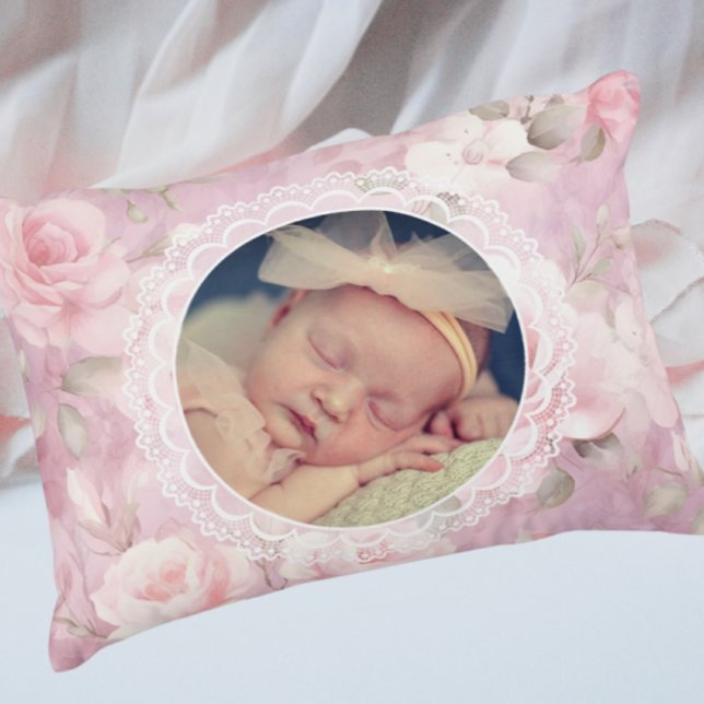 Vintage Personalized Memory Roses Lace  Dekokissen (Pure sweetness! Personalize with your photo.)