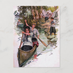 Vintage-Pfadfinderinnen beim Kanufahren auf einer Postkarte