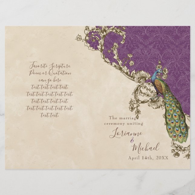 Vintage Pfau & Ätzungen Hochzeitsprogramm (Vorderseite)