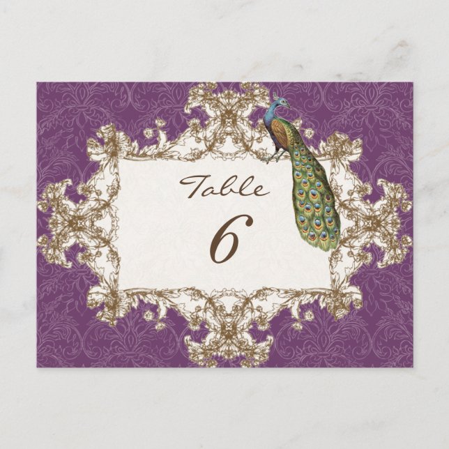 Vintage Pfau & Ätzungen, Tischnummernkarte Postkarte (Vorderseite)