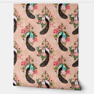 Vintage-Pfau-Blumen gestreift rosa blau schwarz Go Tapete