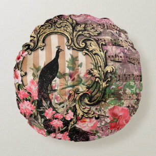 Vintage-Pfau-Blumen-Musiknote rosa und gold Rundes Kissen