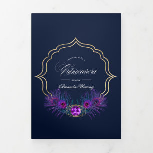Vintage-Pfau-Blumen-Quinceañera-Foto-Tri-Fold Dreifach Gefaltete Einladung