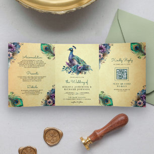 Vintage-Pfau-Blumenfeder-QR-Code-Hochzeit Dreifach Gefaltete Einladung