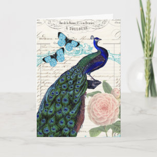 Vintage-Pfau-französische-Ephemera-Collage-Geburts Karte