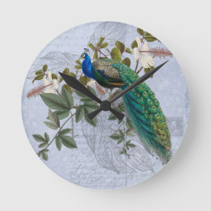 Vintage Pfau Hibiskus Blau Romantische Ephemera Runde Wanduhr