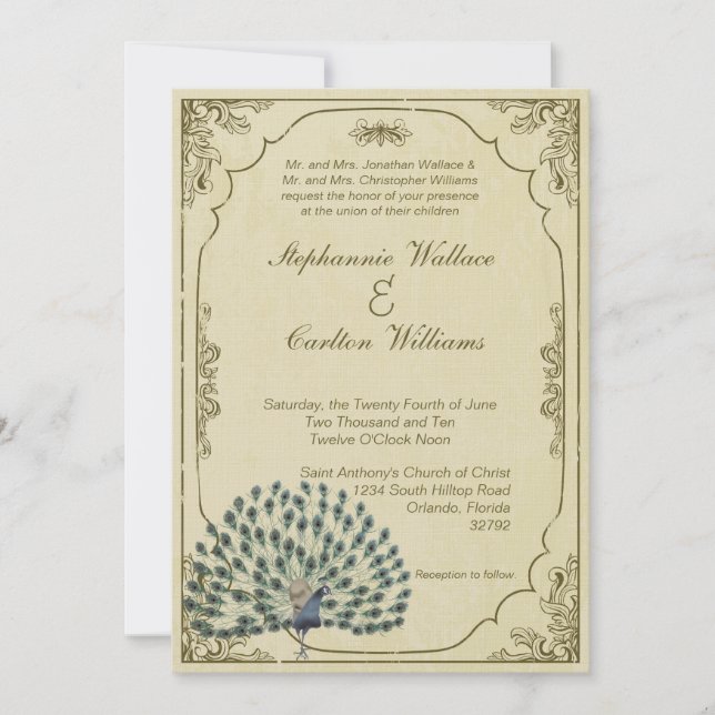 Vintage Pfau-Hochzeits-Einladung Einladung (Vorderseite)