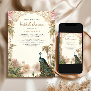 Vintage Pfau indische Hochzeits-Brautparty Einladung