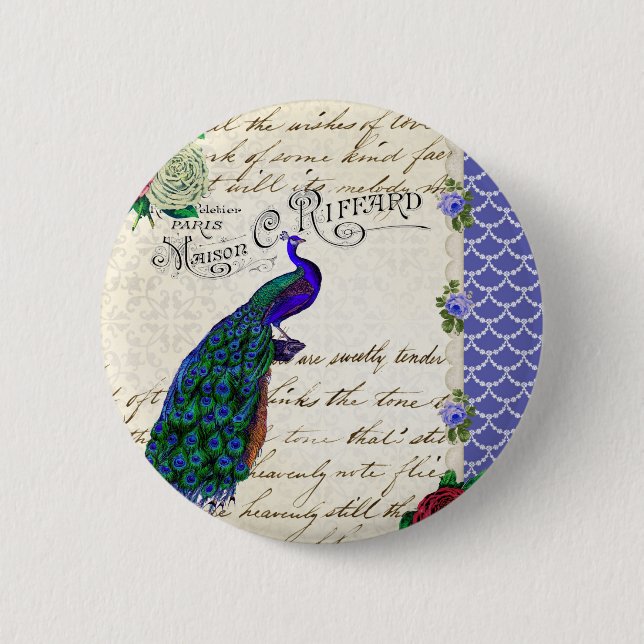 Vintage Pfau-Lied-Collage Button (Vorderseite)