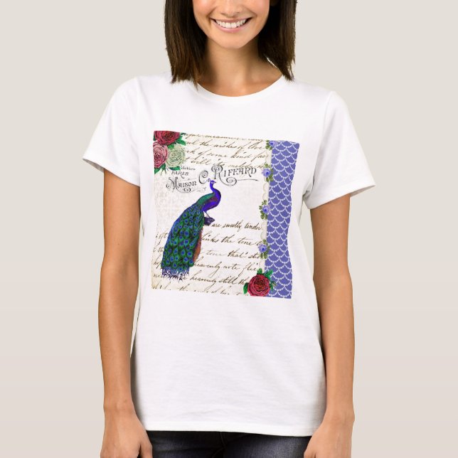 Vintage Pfau-Lied-Collage T-Shirt (Vorderseite)