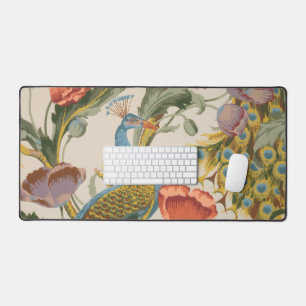 Vintage-Pfau mit rosa und violetten Mohnblumen Schreibtischunterlage