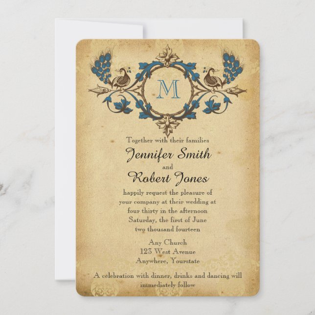 Vintage Pfau-Monogramm-Hochzeits-Einladung Einladung (Vorderseite)