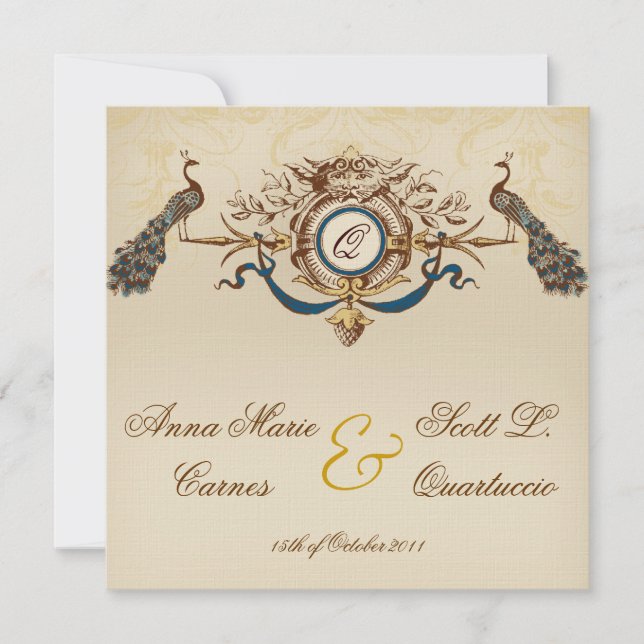 Vintage Pfau-Quadrat-Hochzeits-Einladungen Leinen Einladung (Vorderseite)