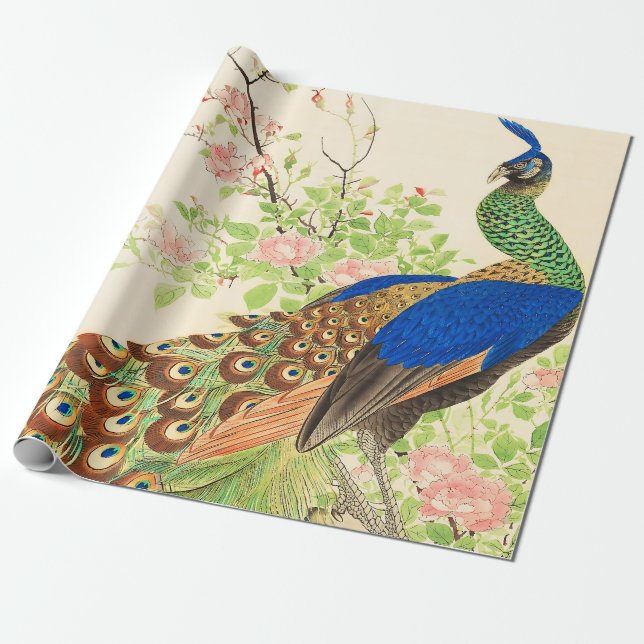 Vintage Pfau- und Blume-Malerei Geschenkpapier (Ungerollt)
