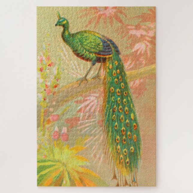 Vintage Pfau- und Blume-Malerei Puzzle (Vertikal)