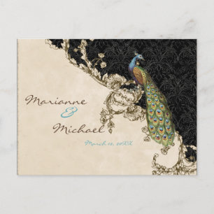 Vintage-Pfau- und Gravur-RSVP-Antwort-Postkarte Einladungspostkarte