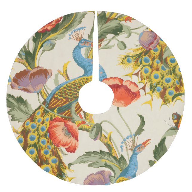 Vintage Pfau- und Mohndarstellungen Polyester Weihnachtsbaumdecke (Vorderseite)