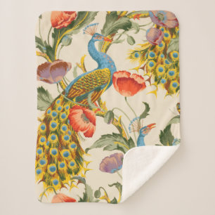 Vintage Pfau- und Mohndarstellungen Sherpadecke