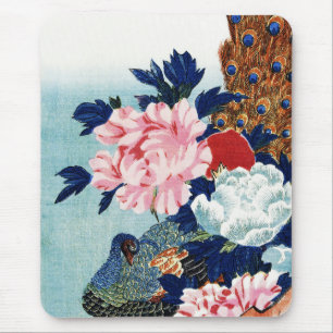 Vintage-Pfau- und Pfingstrosen-Blumenmalerei Mousepad