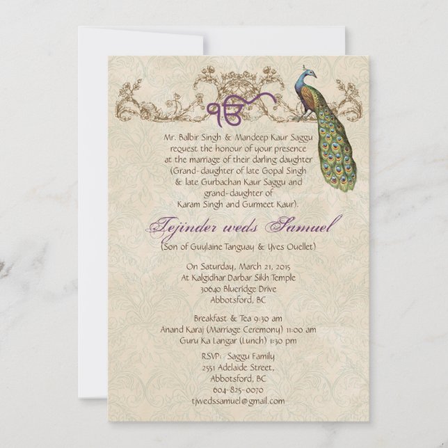 Vintage Pfaue Einladung (Vorderseite)