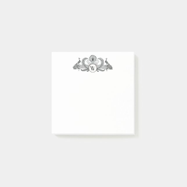 Vintage Pfauen Monogramm Post-it Klebezettel (Vorderseite)