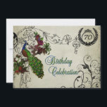 Vintage Pfaueneinladung zum Geburtstag Einladung<br><div class="desc">Unsere Vintagen Pfau-Geburtstagseinladungen sind schön und leicht zu gestalten, ideal für die Geburtstagsfeier von jedem, der Pfaue und nach einem klassischen Vintagen Design sucht. Auf der Vorderseite der Karte befindet sich ein hübscher grüner und blauer Pfau auf einem Ast, viele schwarze Rollen, Text, der Geburtstagsfeier heißt, und ein Bereich, in...</div>
