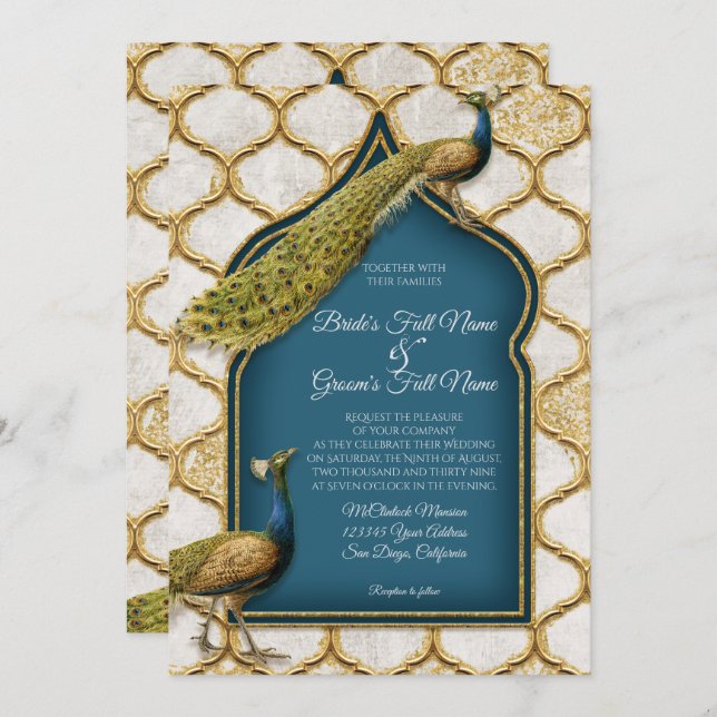 Vintage Pfauenfeathers Arabesque Gold Wedding Einladung (Vorne/Hinten)