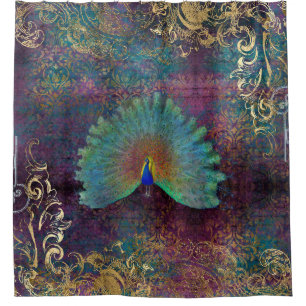 Vintage Pfauenfeathers Lila Aquamarine Goldcrolls Duschvorhang