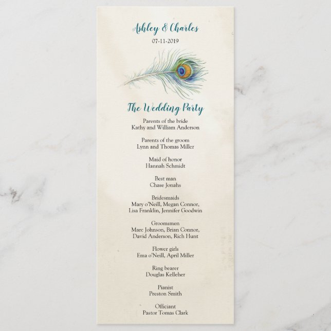 Vintage Pfauenfeder Elagant Aquamarine Hochzeit Programm (Vorderseite)