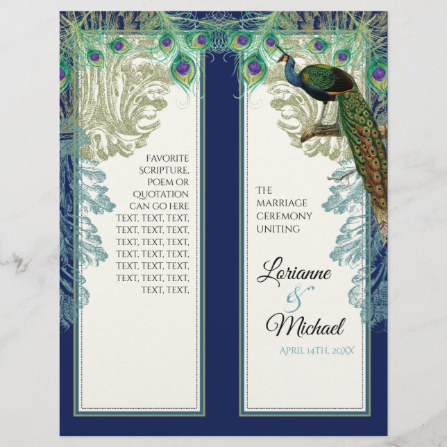 Vintage Pfauenfedern Navy Blaues Hochzeitsprogramm (Vorderseite)