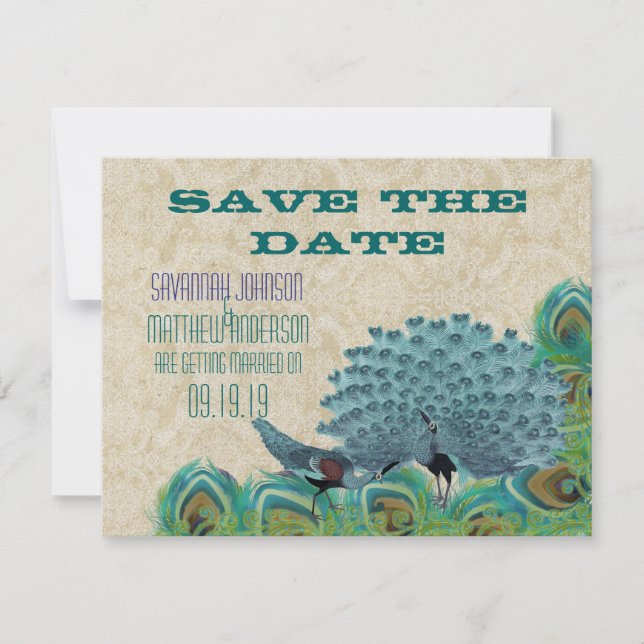 Vintage Pfauenfedern Save the Date Einladung (Vorderseite)