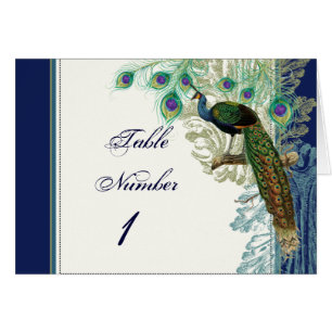 Vintage Pfauenfedern Tischnummern Navy Blau