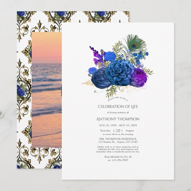 Vintage Pfauenfloralfeier Einladung (Vorne/Hinten)