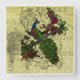 Vintage Pfauenhalterung Quadratische Wanduhr