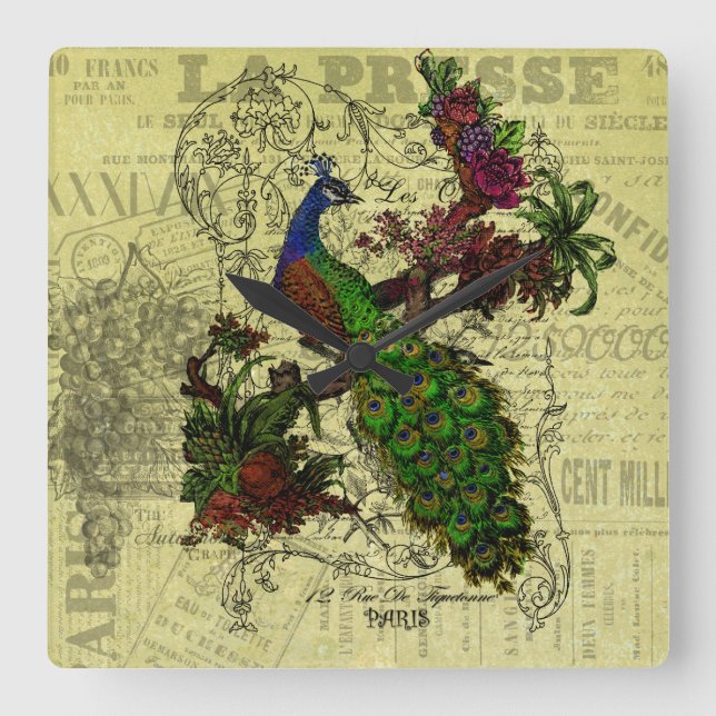 Vintage Pfauenhalterung Quadratische Wanduhr (Vorderseite)