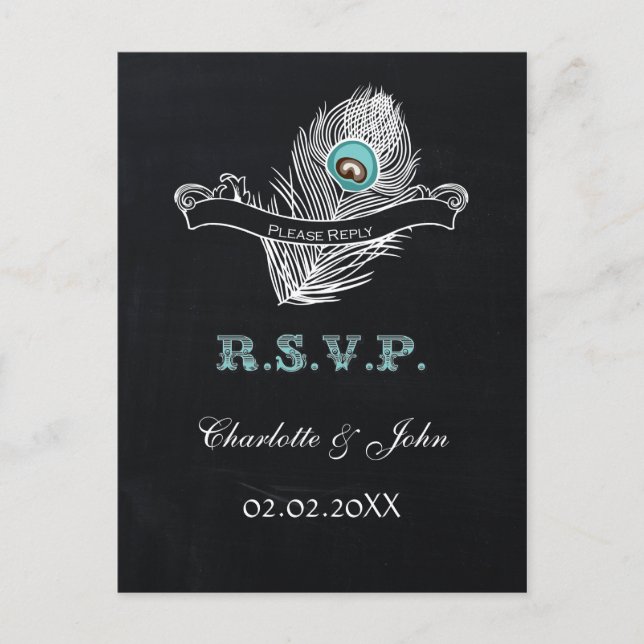 Vintage Pfauenhochzeit Chalkboard rsvp Einladungspostkarte (Vorderseite)