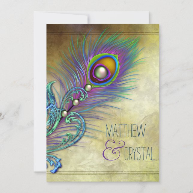Vintage Pfauenhochzeit Einladung (Vorderseite)
