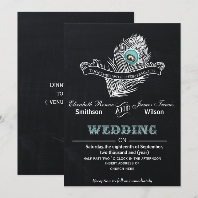 Vintage Pfauenhochzeit in Chalkboard Einladung (Vorne/Hinten)