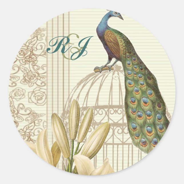 Vintage Pfauenhochzeit Runder Aufkleber (Vorderseite)