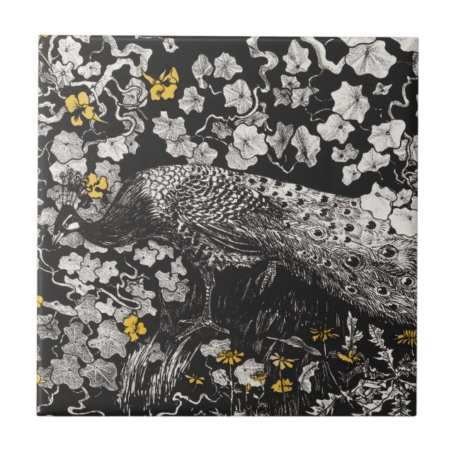 Vintage PfauenIllustration von Theo van Hoytema Fliese (Vorderseite)