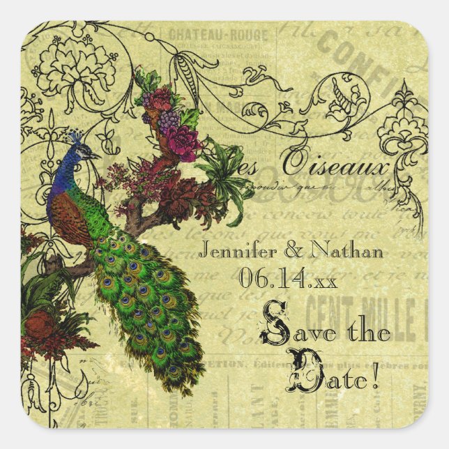 Vintage Pfauenklammern Save the Date Stickers (Vorderseite)