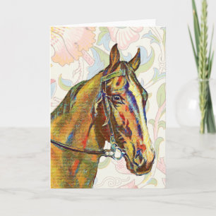 Vintage-Pferd auf floralem Muster-Kunstnotizkarte Karte