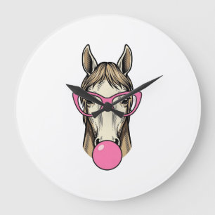Vintage-Pferd-Bubblegum-Rosa-Brille-Shirt-Design Große Wanduhr